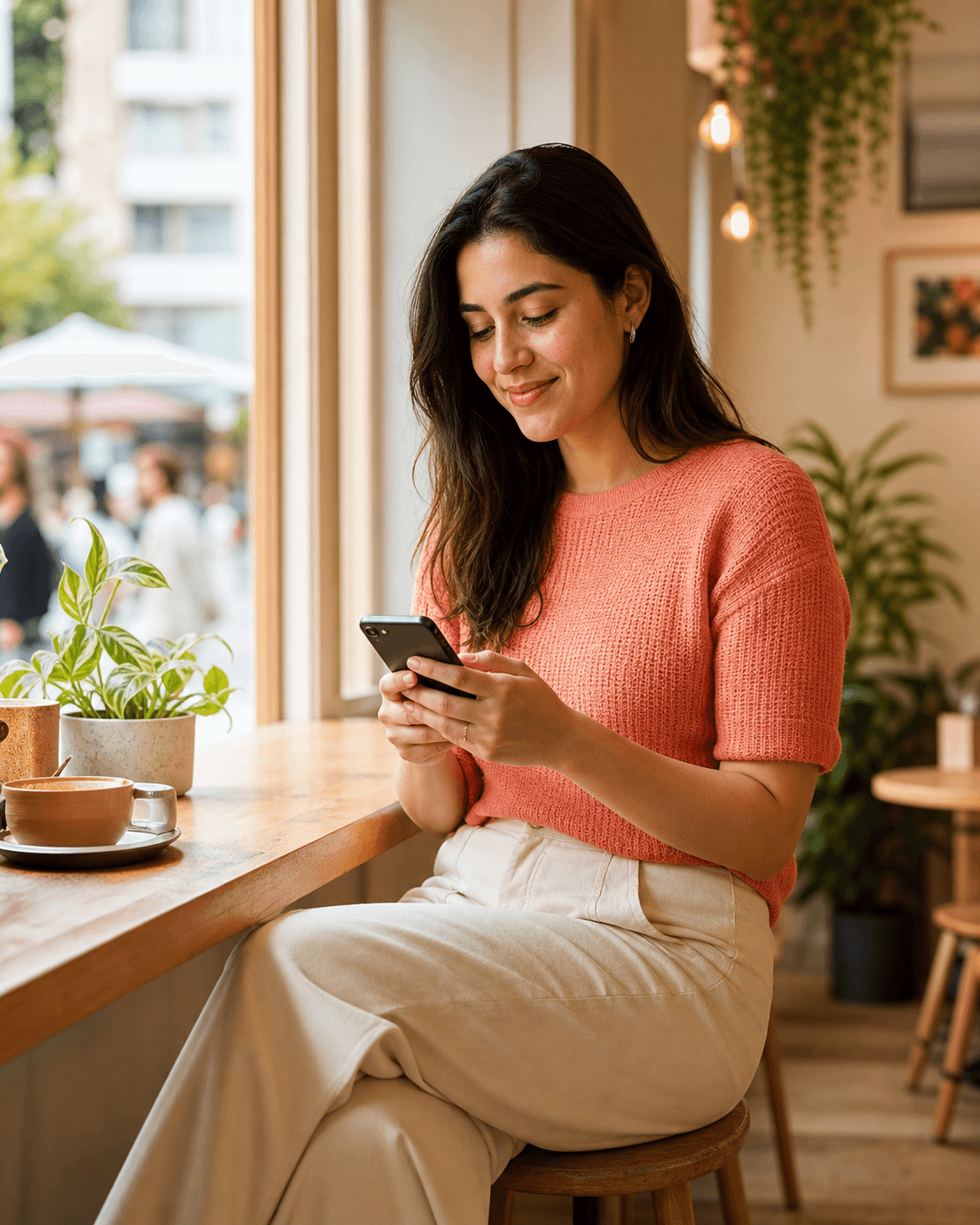 A Bion customer using her phone at a neighbourhood cafe